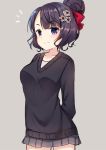  1girl arms_behind_back black_sweater blush bow breasts closed_mouth collarbone commentary_request cowboy_shot fate/grand_order fate_(series) grey_background grey_skirt hair_bow hair_bun hair_ornament head_tilt highres katsushika_hokusai_(fate/grand_order) ko_yu looking_at_viewer medium_breasts miniskirt pleated_skirt purple_hair red_bow simple_background skirt smile solo sweater violet_eyes 