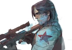  1boy beard_stubble black_gloves black_hair captain_america:_the_winter_soldier captain_america_(series) facial_hair from_side gloves gun holding holding_gun holding_weapon james_buchanan_barnes marvel marvel_cinematic_universe otto_schmidt short_hair simple_background solo stubble upper_body weapon white_background winter_soldier 