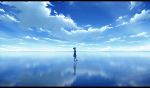  1girl blue_sky clouds cloudy_sky commentary_request day dress fantasy highres horizon kijineko letterboxed long_hair ocean original outdoors partial_commentary reflection scenery shoes silhouette sky solo sunlight walking walking_on_liquid 