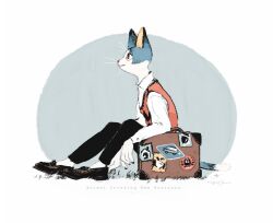  1boy animal_crossing argyle_clothes argyle_vest arm_rest black_footwear black_pants cat_boy closed_mouth collared_shirt commentary copyright_name english_text furry furry_male hashtag-only_commentary highres knees_up loafers long_sleeves looking_ahead male_focus multicolored_fur nagabe pants red_eyes red_vest rover_(animal_crossing) shirt shoes sitting smile socks solo sticker suitcase vest whiskers white_shirt white_socks wing_collar 