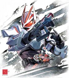  1boy armor black_bodysuit bodysuit boost_buckle commentary compound_eyes desire_driver fox_mask gun highres holding holding_gun holding_weapon kamen_rider kamen_rider_geats kamen_rider_geats_(series) kitsune magnum_buckle magnum_shooter_40x male_focus mask mawmaoou solo tokusatsu weapon white_armor white_background 