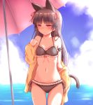  1girl animal_ears ass_visible_through_thighs bangs bikini black_bikini blue_sky blunt_bangs blush breasts brown_hair cat_ears cat_tail clothes_down clouds collarbone cowboy_shot day eyebrows_visible_through_hair frilled_bikini frills gokou_ruri groin hair_ribbon herunin jacket long_hair looking_away mole mole_under_eye navel ocean open_clothes open_jacket ore_no_imouto_ga_konna_ni_kawaii_wake_ga_nai outdoors red_eyes red_ribbon ribbon sky small_breasts solo standing swimsuit tail very_long_hair yellow_jacket 