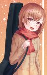  1girl :d bangs blush brown_eyes brown_hair brown_jacket commentary_request eyebrows_visible_through_hair hair_between_eyes hand_up head_tilt highres holding instrument_case jacket long_sleeves looking_at_viewer misaka_mikoto open_mouth red_scarf scarf smile solo teshu to_aru_kagaku_no_railgun to_aru_majutsu_no_index upper_body 