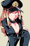  1girl bodysuit boku_no_hero_academia breasts brown_eyes choker cleavage cowboy_shot eyelashes gokuu_(acoloredpencil) half-closed_eyes hand_on_hip hat highres large_breasts leaning_forward lips long_hair long_sleeves looking_at_viewer parted_lips police_hat solo unzipped utsushimi_kemii 