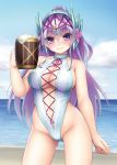  1girl beer_mug breasts cleavage closed_mouth clouds cowboy_shot flower_knight_girl holding large_breasts long_hair looking_at_viewer multicolored_hair purple_hair silver_hair sky solo swimsuit thighs two-tone_hair violet_eyes water yuru zebrina_(flower_knight_girl) 