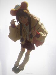  1girl absurdres black_footwear braid brown_eyes brown_hair chinese_commentary closed_mouth commentary_request eyelashes full_body hair_ornament hat highres hood hood_down hooded_jacket jacket leaning_forward lips long_hair long_sleeves looking_at_viewer midriff_peek miniskirt open_clothes open_jacket original over-kneehighs plaid_clothes plaid_skirt pleated_skirt pom_pom_(clothes) pom_pom_hair_ornament puffy_long_sleeves puffy_sleeves red_skirt shirt shoes skirt smile socks solo standing straw_hat striped_clothes striped_socks thigh-highs twin_braids vertical-striped_clothes vertical-striped_socks wang-xi weibo_watermark white_background white_shirt white_socks yellow_hat yellow_jacket zipper 