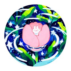  :< acrylic_gouache_(medium) air_bubble animal_focus blue_sky border bubble circle closed_eyes commentary english_commentary flower flower_focus highres in_flower leaf meyoco minimized night night_sky no_humans original partially_immersed pink_flower pink_tulip plant rabbit rounded_corners signature sky sleeping star_(sky) star_(symbol) starry_sky traditional_media tulip undersized_animal water white_border white_rabbit_(animal) 