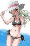  1girl adjusting_clothes adjusting_hat alternate_hairstyle anchovy arm_behind_back artist_name bangs bikini black_bikini breasts cleavage commentary cowboy_shot dated girls_und_panzer hair_down hat long_hair looking_at_viewer matsui_yasutsugu medium_dress navel ocean open_mouth outdoors red_eyes side-tie_bikini signature smile solo standing sun_hat swimsuit thigh_gap wavy_hair white_hat window 