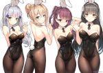  4girls animal_ears arm_behind_back arm_up ass back bangs bare_shoulders black_hair black_legwear black_leotard blonde_hair blue_eyes blunt_bangs blush bow bowtie breasts brown_hair bunny_girl bunny_tail bunnysuit cleavage closed_mouth collarbone covered_navel detached_collar embarrassed eyebrows_visible_through_hair facial_mark flower girls_frontline green_eyes groin hair_between_eyes hair_flower hair_ornament hair_ribbon hairband half_updo hand_up hands_up highres hk416_(girls_frontline) large_breasts lee_seok_ho leotard long_hair looking_at_viewer looking_back medium_breasts multiple_girls one_side_up open_mouth pantyhose purple_hair qbz-95_(girls_frontline) rabbit_ears red_eyes red_ribbon ribbon shoulder_blades sidelocks signature silver_hair simple_background smile snowflake_hair_ornament suomi_kp31_(girls_frontline) tail teardrop very_long_hair wa2000_(girls_frontline) white_hairband wrist_cuffs yellow_eyes 