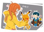  1boy 1girl animal_hood blanko! blue_eyes blue_hair blue_hoodie bunny_hood character_doll closed_eyes creatures_(company) dangan_ronpa dangan_ronpa_3 deku_scrub english game_freak gen_1_pokemon grey_background heart hood hood_down hoodie kibougamine_gakuen_school_uniform long_hair needle nintendo orange_hair pikachu pokemon sewing_needle simple_background sketch smile someya_ryouta sparkle stuffed_toy the_legend_of_zelda the_legend_of_zelda:_majora&#039;s_mask thread umesawa_aiko yellow_hoodie 