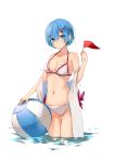  1girl 2267420264 afloat ball bare_shoulders beachball bikini blue_eyes blue_hair blush breasts cleavage closed_mouth collarbone commentary_request eyebrows_visible_through_hair eyes_visible_through_hair flag frilled_bikini frills hair_ornament hair_over_one_eye hairclip head_tilt highres holding holding_flag looking_at_viewer medium_breasts navel re:zero_kara_hajimeru_isekai_seikatsu rem_(re:zero) shawl short_hair simple_background smile solo stomach swimsuit thigh_gap translated wading water white_background white_bikini x_hair_ornament 