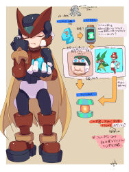  absurdres android armor blonde_hair border brown_background commentary_request cyber_elf_(mega_man) forehead_jewel full_body helmet highres long_hair mega_man_(series) mega_man_zero_(series) omochi_(mochi_skymega) red_armor red_helmet solo_focus translation_request white_border zero(z)_(mega_man) zero_(mega_man) 