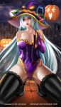  1girl aqua_hair bare_shoulders blurry blurry_background boots breasts breasts_apart cleavage corset detached_sleeves earrings finger_to_mouth frills halloween hat jack-o&#039;-lantern jewelry kneeling legs_apart leotard lips long_hair looking_at_viewer medium_breasts nefrubi open_mouth original solo strapless strapless_leotard thigh-highs thigh_boots violet_eyes witch_hat 
