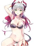  1girl armpits asymmetrical_horns bangs bare_arms bare_shoulders black_bra black_choker black_panties blood bra breasts carmilla_(fate/grand_order) choker collarbone commentary_request curled_horns dragon_girl dragon_horns dragon_tail elizabeth_bathory_(fate) elizabeth_bathory_(fate)_(all) eyebrows_visible_through_hair fate/extra fate/extra_ccc fate/grand_order fate_(series) gluteal_fold gradient_hair green_eyes hair_between_eyes highres horns long_hair looking_at_viewer medium_breasts multicolored_hair navel panties parted_lips pink_hair pointy_ears silver_hair simple_background solo tail tomozero transformation underwear underwear_only white_background 