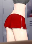  1girl ass back bare_back blurry blurry_background blurry_foreground boyshorts breasts character_request deathalice depth_of_field from_behind girls_frontline head_out_of_frame indoors locker locker_room medium_breasts red_shorts shorts side_slit solo sports_bra sweat thighs 