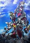  back-to-back blue_sky building clenched_hands clouds commentary denkou_choujin_gridman dust_cloud from_below giant glowing glowing_eyes gridman_(character) gridman_(ssss) highres looking_back paintedmike ruins sky squatting ssss.gridman yellow_eyes 