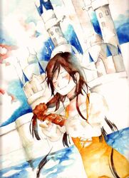  1girl black_hair bodysuit breasts castle commentary_request cutting_hair dagger final_fantasy final_fantasy_ix garnet_til_alexandros_xvii gloves graphite_(medium) long_hair orange_bodysuit smile sobagaki_shinyo solo traditional_media watercolor_(medium) weapon 