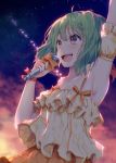  1girl ahoge armpits bangs bare_shoulders blush bow brown_eyes clouds cloudy_sky commentary_request detached_sleeves dress green_hair hair_between_eyes holding holding_microphone macross macross_frontier microphone night night_sky orange_bow outdoors puffy_short_sleeves puffy_sleeves ranka_lee red_bow seikan_hikou shiomizu_(swat) short_sleeves sky sleeveless sleeveless_dress solo star_(sky) starry_sky upper_teeth yellow_dress 