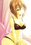  1girl backlighting bangs bed_sheet black_bra black_panties bra breasts brown_eyes cleavage commentary curtains day eyebrows_visible_through_hair frown girls_und_panzer lace lace-trimmed_bra medium_breasts navel nishizumi_maho on_bed one_eye_closed open_mouth panties shiromitsu_suzaku short_hair sitting solo underwear v_arms wariza wince window 