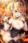  1girl armlet artist_name bangs bare_shoulders black_collar black_legwear black_leotard blonde_hair blue_eyes blush bowsette bracelet breasts cleavage collar collarbone commentary covered_navel crown earrings eyebrows_visible_through_hair fangs fingernails hair_between_eyes hands_up head_tilt high_ponytail highres jewelry large_breasts leotard long_hair looking_at_viewer super_mario_bros. mini_crown new_super_mario_bros._u_deluxe nintendo parted_lips pointy_ears ponytail solo spiked_armlet spiked_bracelet spiked_collar spiked_tail spikes squchan star strapless strapless_leotard super_crown symbol_commentary tail thigh-highs tongue tongue_out watermark web_address 