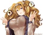  1girl ? alternate_costume blonde_hair blue_eyes blue_shirt blush breasts eyebrows_visible_through_hair gambier_bay_(kantai_collection) hair_ornament hairband juurouta kantai_collection large_breasts long_hair looking_at_viewer open_mouth shirt simple_background solo twintails white_background 