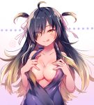 1girl ;q ahoge bare_arms bare_shoulders black_dress black_hair blonde_hair blush breasts cleavage closed_mouth collarbone commentary_request dress eyebrows_visible_through_hair gradient gradient_background gradient_hair hair_over_one_eye hair_ribbon hand_under_clothes hands_on_own_chest head_tilt heart long_hair medium_breasts moe_on_drop multicolored_hair naughty_face one_eye_closed original pink_background pink_hair ribbon shiny shiny_hair sidelocks sleeveless sleeveless_dress solo speech_bubble spoken_heart tongue tongue_out two_side_up upper_body very_long_hair white_ribbon yellow_eyes 