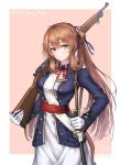  1girl american_flag baek_hyang bangs blazer blush bolt_action breasts brown_hair dress eyebrows_visible_through_hair girls_frontline gloves green_eyes gun hair_between_eyes hair_ribbon hair_rings highres holding jacket large_breasts long_hair looking_at_viewer m1903_springfield m1903_springfield_(girls_frontline) ponytail ribbon rifle sidelocks simple_background smile solo weapon white_dress 