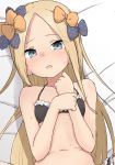  1girl abigail_williams_(fate/grand_order) bangs bare_arms bare_shoulders bed_sheet blonde_hair blue_eyes blush bow fate/grand_order fate_(series) forehead hair_bow hands_up highres long_hair looking_at_viewer lying navel on_back orange_bow parted_bangs parted_lips polka_dot polka_dot_bow purple_bow solo sweat upper_body very_long_hair yakihebi 