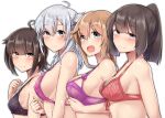  4girls ahoge akizuki_(kantai_collection) black_bra black_hair blue_eyes blush bra braid breast_envy breast_lift breasts brown_hair closed_mouth collarbone commentary embarrassed eyebrows_visible_through_hair green_eyes hatsuzuki_(kantai_collection) highres kantai_collection kiritto large_breasts light_brown_hair long_hair looking_at_viewer medium_breasts multiple_girls one_side_up open_mouth pink_bra ponytail red_bra shiny shiny_hair short_hair sideboob silver_hair simple_background small_breasts smile strap_gap suzutsuki_(kantai_collection) teruzuki_(kantai_collection) twin_braids underwear white_background 