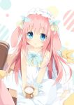  1girl :o animal_ears bangs bare_arms bare_shoulders blue_bow blue_eyes blush bow commentary_request cup dress ears_down eyebrows_visible_through_hair floppy_ears green_bow green_scrunchie hair_between_eyes hair_bow highres holding holding_cup kushida_you long_hair looking_at_viewer milk mug orange_bow original parted_lips pink_hair rabbit_ears scrunchie sidelocks sitting sleeveless sleeveless_dress solo strap_slip stuffed_animal stuffed_bunny stuffed_toy v_arms very_long_hair white_background white_dress wrist_scrunchie 
