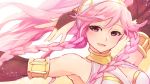  1girl arm_up braid bridal_gauntlets fire_emblem fire_emblem:_kakusei hairband highres long_hair nakabayashi_zun nintendo olivia_(fire_emblem) parted_lips pink_eyes pink_hair solo twin_braids white_hairband 