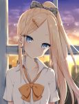  1girl abigail_williams_(fate/grand_order) alternate_costume alternate_hairstyle bangs blonde_hair blue_eyes blush bow bow_earrings bowtie collarbone collared_shirt commentary_request contemporary dress_shirt earrings eyebrows_visible_through_hair fate/grand_order fate_(series) forehead hair_behind_ear hair_bow hair_ornament hairclip head_tilt highres indoors jewelry kamu_(geeenius) lens_flare long_hair looking_at_viewer orange_neckwear parted_bangs polka_dot polka_dot_bow ponytail shirt short_sleeves sky solo tsurime twilight upper_body white_shirt window wing_collar 