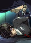  3boys amamiya_ren black_hair black_jacket black_neckwear blue_eyes blurry blurry_background bruise_on_face crossed_arms glasses hair_between_eyes highres indoors jacket male_focus mitsuha_(bless_blessing) multiple_boys necktie parted_lips persona persona_5 shirt upper_body water white_shirt 