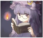  1girl book border commentary_request crescent crescent_moon_pin dark dark_background eyebrows_visible_through_hair fire flame glasses hat holding holding_book long_hair looking_at_viewer open_book patchouli_knowledge purple_hair reading round_eyewear solo touhou uisu_(noguchipint) upper_body violet_eyes white_border 