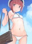  1girl ass_visible_through_thighs bag bikini blue_sky brown_eyes brown_hair clouds commentary_request cowboy_shot day from_below hat highres kabayaki_namazu kantai_collection looking_at_viewer outdoors sailor_bikini sailor_collar sailor_hat short_hair sky solo swimsuit white_bikini white_hat white_sailor_collar z3_max_schultz_(kantai_collection) 
