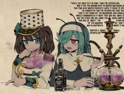  2girls akoya_matama alcohol alice_in_wonderland an_sin anemo_nemo antennae black_hat bow brown_hair closed_mouth club_(shape) commentary cup diamond_(shape) english_text glass green_bow green_eyes green_hair green_streaks guimpe hair_bow hair_over_one_eye hat heart highres holding holding_cup hookah jack_daniel's light_frown long_hair long_sleeves looking_at_another mahou_shoujo_ni_akogarete medium_hair military_hat military_uniform multicolored_hair multiple_girls nun official_alternate_costume open_mouth sharp_teeth simple_background sitting smoke smoking spade_(shape) streaked_hair teeth two_side_up upper_body veil violet_eyes whiskey white_hat 