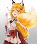  1girl :d absurdres animal_ear_fluff animal_ears blonde_hair blush fang flower fluffy fox_ears fox_shadow_puppet fox_tail hair_flower hair_ornament highres holding_tail japanese_clothes miko open_mouth ribbon-trimmed_sleeves ribbon_trim sash senko_(sewayaki_kitsune_no_senko-san) sewayaki_kitsune_no_senko-san short_hair smile tail tini wide_sleeves yellow_eyes 