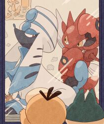  absurdres closed_mouth dedenne furfrou furfrou_(la_reine) highres looking_up munchlax no_humans pokemon pokemon_(creature) psyduck red_eyes scizor smile twitter_username window wings yellow_eyes zozozoshion 