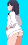  1girl ass bangs black_hair black_panties blue_background blue_eyes blush breasts hands_in_pockets highres hips long_hair long_sleeves looking_at_viewer looking_to_the_side manabebebe medium_breasts open_mouth panties simple_background smile solo ssss.gridman sweater takarada_rikka thighs underwear white_sweater 