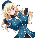  1girl :o atago_(kantai_collection) beret black_gloves black_shirt blonde_hair blue_hat blue_jacket blush breasts gloves green_eyes hat heart jacket kantai_collection large_breasts long_hair looking_at_viewer military military_uniform nel-c one_eye_closed open_mouth pantyhose shirt simple_background smile solo tailcoat uniform white_background white_neckwear 