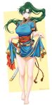  1girl artist_name bangs bare_legs barefoot belt blush breasts commentary_request earrings eyebrows_visible_through_hair fingernails fire_emblem fire_emblem:_the_blazing_blade full_body green_eyes green_hair hair_ornament highres holding jewelry legs long_hair looking_at_viewer lyn_(fire_emblem) medium_breasts miku1201_fe parted_lips pelvic_curtain ponytail sheath sheathed shiny shiny_hair shiny_skin short_sleeves signature simple_background smile sword thighs tied_hair toes weapon 