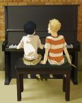  2boys belt black_hair blonde_hair child facing_away indoors instrument kawabuchi_sentarou looong! male_focus multiple_boys music nishimi_kaoru pants piano piano_bench playing_instrument sakamichi_no_apollon shirt shorts sitting socks striped striped_shirt younger 