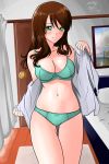  1girl artist_name bangs bed bedroom bow bow_bra bow_panties bra breasts brown_hair cleavage closed_mouth cowboy_shot crotch_seam curtains door dress_shirt green_bra green_eyes green_panties indoors large_breasts long_hair long_sleeves looking_at_viewer matsui_yasutsugu mature navel no_pants off_shoulder open_clothes open_shirt opened_by_self original panties picture_(object) shirt signature smile solo standing swept_bangs thigh_gap thighs underwear white_shirt wooden_floor 