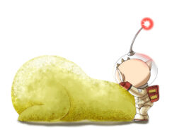  1boy backpack bag brown_hair commentary_request facing_away full_body gloves helmet male_focus naru_(wish_field) olimar patch petting pikmin_(series) pikmin_3 plasm_wraith pointy_ears radio red_bag red_gloves shadow short_hair simple_background slime_(creature) space_helmet standing very_short_hair white_background 