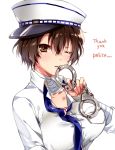  ;| blue_neckwear breasts brown_eyes brown_hair cuffs english hand_up handcuffs hat holding_handcuffs large_breasts looking_at_viewer loose_neckwear pocket raimu_(yuzu-raimu) short_hair simple_background solo upper_body white_background white_hat 