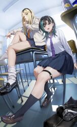  2girls absurdres bag baggy_socks black_bag black_choker black_hair black_nails blonde_hair blue_hair blue_skirt blue_socks braid braided_bangs breasts brown_footwear can chair choker commentary_request desk dress_shirt earrings fuann green_eyes highres hololive hololive_dev_is index_finger_raised indoors jewelry koganei_niko loafers long_sleeves looking_at_viewer medium_breasts mole mole_on_neck multicolored_hair multiple_girls nail_polish necktie open_mouth orange_necktie parted_bangs pink_eyes purple_necktie rindo_chihaya roots_(hair) school school_bag school_chair school_desk school_uniform shirt shoes sidelocks single_shoe sitting sitting_on_table skindentation skirt socks streaked_hair teeth thigh_strap upper_teeth_only virtual_youtuber white_hair white_shirt white_socks window 