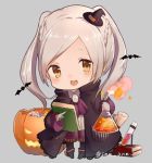  1girl bat book brown_eyes candy chibi cute female_my_unit_(fire_emblem:_kakusei) fire_emblem fire_emblem:_kakusei fire_emblem_awakening fire_emblem_heroes flask food grey_background halloween_costume hat intelligent_systems jack-o&#039;-lantern long_sleeves my_unit_(fire_emblem:_kakusei) nintendo open_mouth reflet robin_(fire_emblem) robin_(fire_emblem)_(female) simple_background snk_anm test_tube twintails twitter_username white_hair witch_hat 