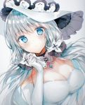  1girl azur_lane bangs blue_eyes blush breasts cleavage closed_mouth dress elbow_gloves eyebrows_visible_through_hair gloves hat illustrious_(azur_lane) large_breasts looking_at_viewer ptmko_d solo strapless strapless_dress sun_hat white_dress white_gloves white_hair white_hat 