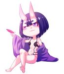  1girl :p ass bandaid bangs black_legwear breasts collarbone eyeliner feet fundoshi gourd headpiece highres hips japanese_clothes looking_back oni oni_horns short_eyebrows short_hair shuten_douji_(fate/grand_order) small_breasts smile solo thighs 