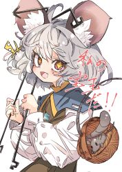  +++ 1girl absurdres ahoge animal_ear_fluff animal_ears basket blue_capelet blush brown_dress capelet commentary_request crystal_necklace deal360acv double-parted_bangs dowsing_rod dress fang grey_hair highres long_sleeves messy_hair mouse_(animal) mouse_ears mouse_girl mouse_tail nazrin red_eyes short_hair skin_fang smile star_(symbol) star_in_eye symbol_in_eye tail touhou translation_request upper_body very_long_tail white_sleeves 